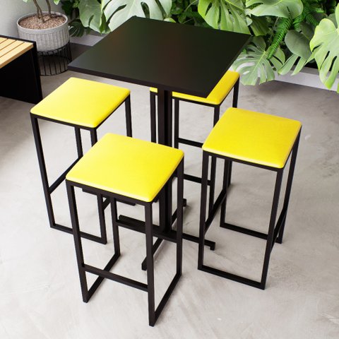 Conjunto Mesa Alta Bar Bistrô Quadrada Preta 4 Bancos Estofado Don Castro Decor