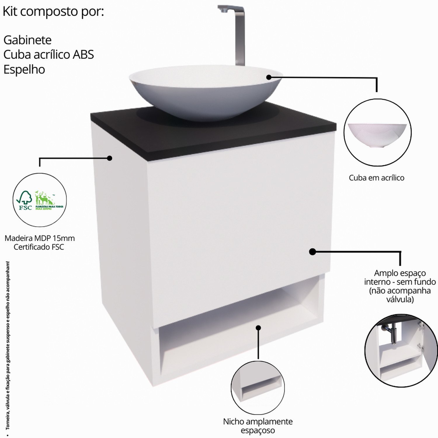 Gabinete Armário para Banheiro com Cuba e Espelho 40cm - 5