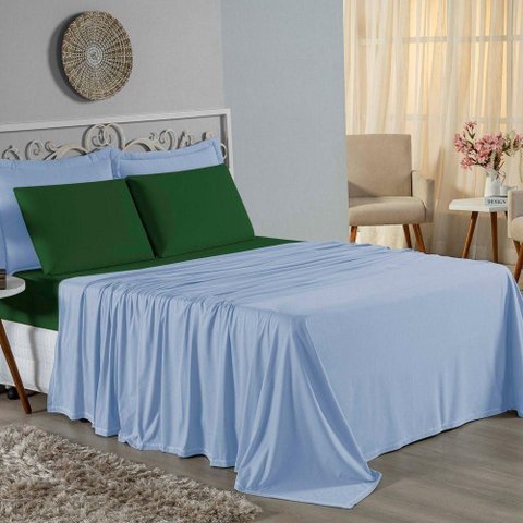 Jogo de Cama Casal Viúva Nobre 4 Peças Malha 100% Algodão - Azul-bebê / Verde-bandeira
