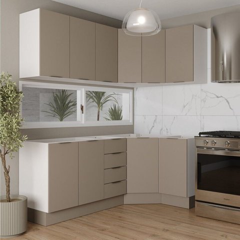 Cozinha Planejada 6 Peças sem Tampo com Rodapé 3 Aéreos e 3 Balcões Ipanema CabeCasa MadeiraOriginals Marrom/Fendi Trama