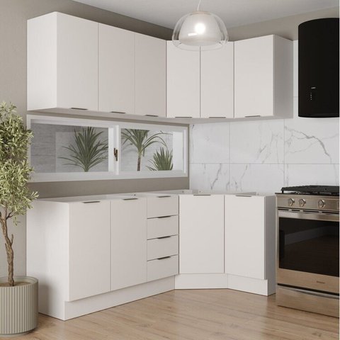 Cozinha Planejada 6 Peças sem Tampo com Rodapé 3 Aéreos e 3 Balcões Ipanema CabeCasa MadeiraOriginals Branco