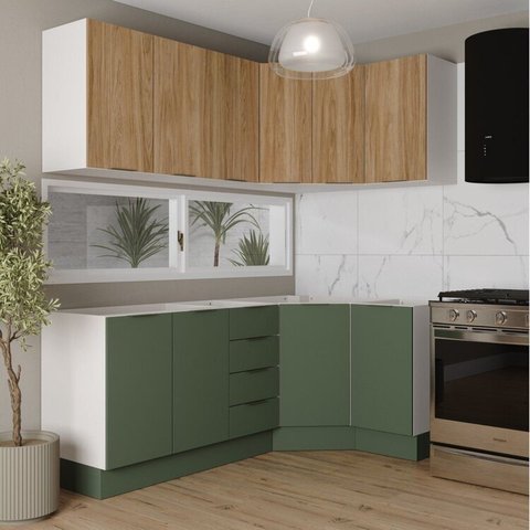 Cozinha Modulada 6 Peças sem Tampo com Rodapé 3 Aéreos e 3 Balcões Ipanema CabeCasa MadeiraOriginals Marrom/Verde Folha/Acácia