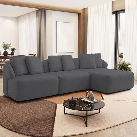 Sofá 3 Lugares com Chaise Direito Sala Living 248cm Arlo F04 Veludo Grafite - Lyam Decor