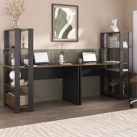 Conjunto 2 Escrivaninhas com Estante Match 4 Prateleiras 120cm Pinho E Preto