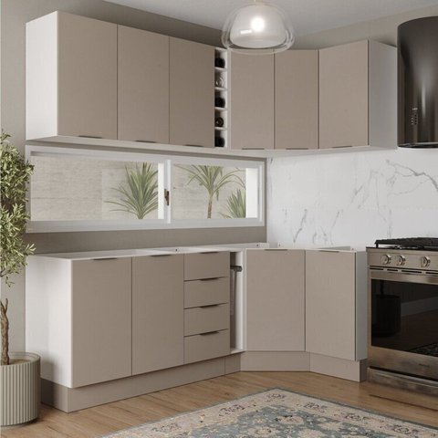 Cozinha Planejada 8 Peças sem Tampo com Rodapé 4 Aéreos e 4 Balcões Ipanema CabeCasa MadeiraOriginals Marrom/Fendi Trama