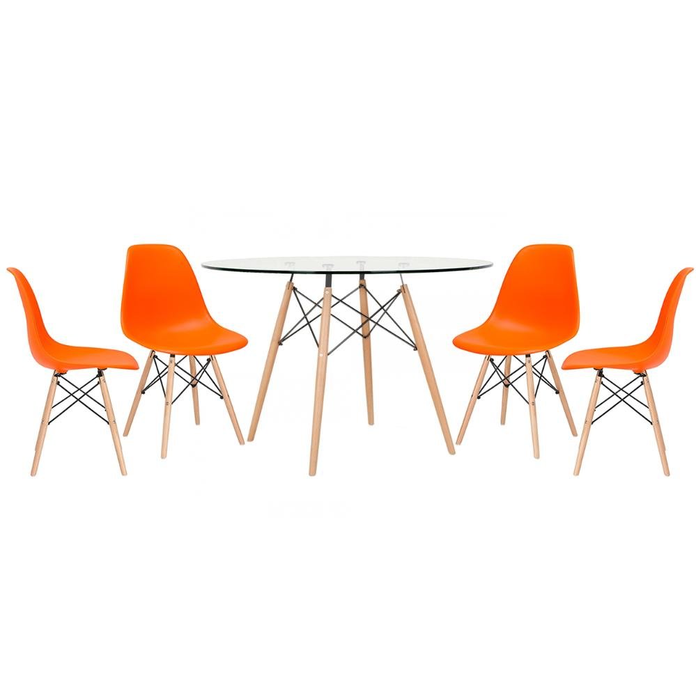 KIT - Mesa Eames com tampo de vidro 120 cm + 4 cadeiras Eiffel DSW Laranja - 1