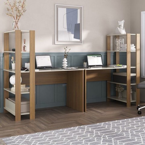 Conjunto 2 Escrivaninhas com Estante Match 4 Prateleiras 120cm Off White E Carvalho