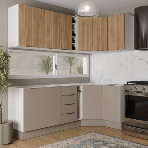 Cozinha Planejada 8 Peças sem Tampo com Rodapé 4 Aéreos e 4 Balcões Ipanema CabeCasa MadeiraOriginals Marrom/Fendi Trama/Acácia