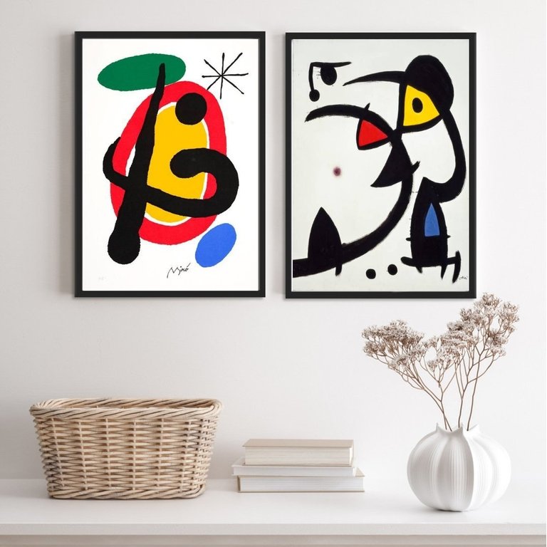 Kit 2 Quadros Abstratos Obras de Miró 45x34cm:madeira Branca Kit 2 Quadros Abstratos Obras de Miró 45x34cm:madeira Branca