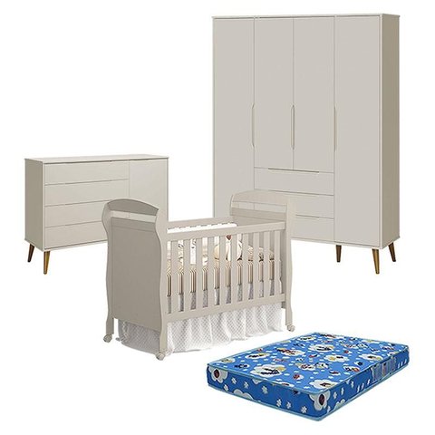 Quarto de Bebê 4 Portas com Cômoda com Porta Elfe Retrô e Berço Americano Danny Areia Acetinado Amad