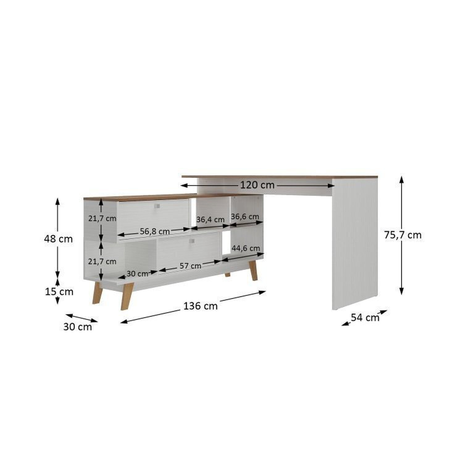 Kit 2 Mesas para Escritório Escrivaninha em L Retrô 136x120cm Branco/nogal - 12