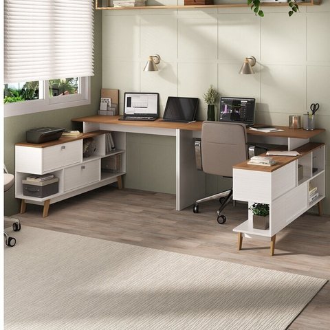 Conjunto 2 Mesas para Escritório Escrivaninha em L Retrô Branco/nogal 136cm Pés em Madeira Maciça Branco E Nogal