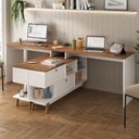 Ver imagem 3 de Kit 2 Mesas para Escritório Escrivaninha em L Retrô 136x120cm Branco/nogal