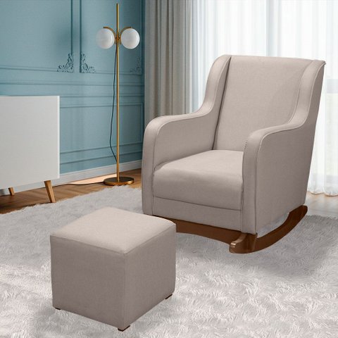 Cadeira Poltrona de Amamentação Balanço Áquila C/ Puff Linho Bege Plus - Anjo de Casa