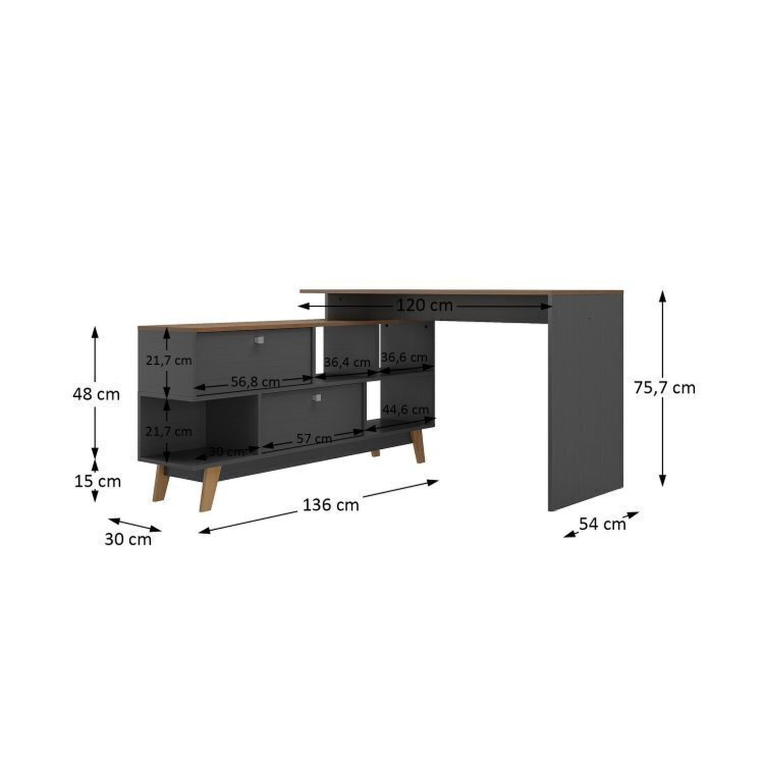 Kit 2 Mesas para Escritório Escrivaninha em L Retrô 136x120cm Preto/nogal - 5