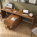 Ver imagem 2 de Kit 2 Mesas para Escritório Escrivaninha em L Retrô 136x120cm Nogal