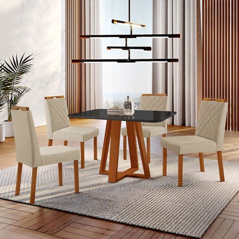 Conjunto Sala de Jantar Mesa Floripa Madeira Maciça 90x90cm Tampo Quadrado Vidro Preto com 4 Cadeira