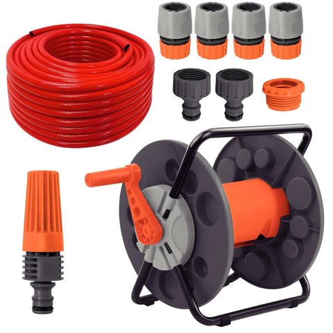 Suporte Enrolador + Mangueira Jardim 1/2" com 50m + Esguicho com Jato Regulável + Engates Rápido + B
