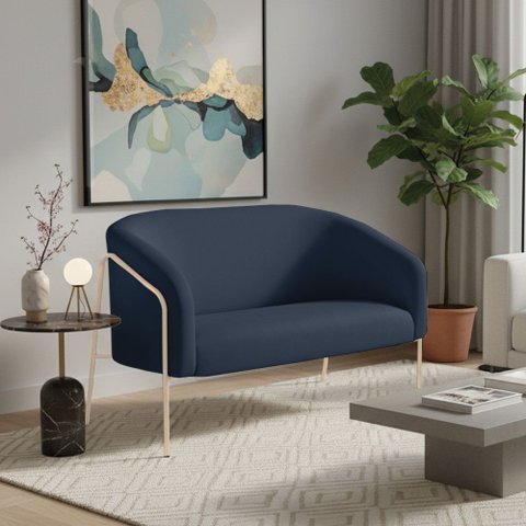 Sofá 2 Lugares Namoradeira Stella Industrial Alta Champanhe Suede Azul Marinho D03 - D’Rossi