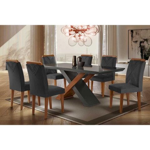 Conjunto: Mesa de Cozinha Imperatriz Tampo Madeirado C/ Vidro Reto 180x90 e 6 Cadeiras Amsterdã