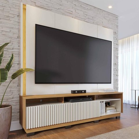 Estante Painel para TV 75 pol LED 200cm Yarden C04 Off White Matte Freijó - Lyam Decor