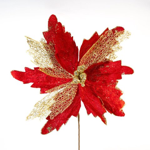 Kit 12 Flor Decoração Natal Brilho Artificial Vermelha 29cm