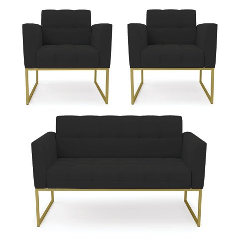 Kit 1 Sofá Namoradeira e 2 Poltronas Elisa Veludo Base Metálica Industrial Dourado - D'Rossi Preto