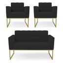 Ver imagem 1 de Kit 1 Sofá Namoradeira e 2 Poltronas Elisa Veludo Base Metálica Industrial Dourado - D'Rossi Preto
