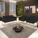 Ver imagem 2 de Kit 1 Sofá Namoradeira e 2 Poltronas Elisa Veludo Base Metálica Industrial Dourado - D'Rossi Preto