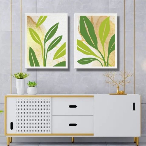 Kit 2 Quadros Folhas Verdes Fundo Branco Bege 33x24cm:moldura Preta