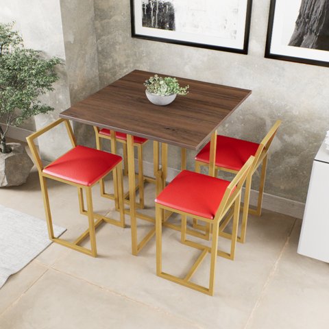 Conjunto Mesa Imbuia 4 Cadeiras Pequena Estofado Industrial Dourado Don Castro Decor