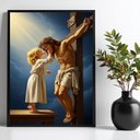 Ver imagem 1 de Quadro Criança Beijando Jesus na Cruz 24x18cm - com Vidro:moldura Preta