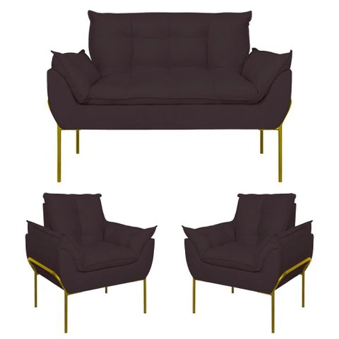 Kit 2 Poltronas + Namoradeira Pé Metal Dourado Recepção Sala Cor:cinza