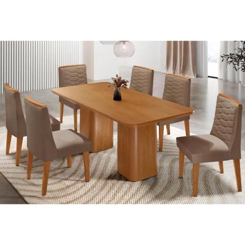 Sala Jantar Mesa Maldivas Tampo Curvo 180cm+6 Cadeiras Maldivas Madeira Naturale - Capuccino/suede