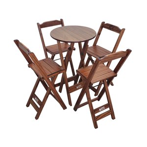 Conjunto Bistrô Mesa Dobrável de Madeira Redonda com 4 Banquetas Imbuia - Tarimatã