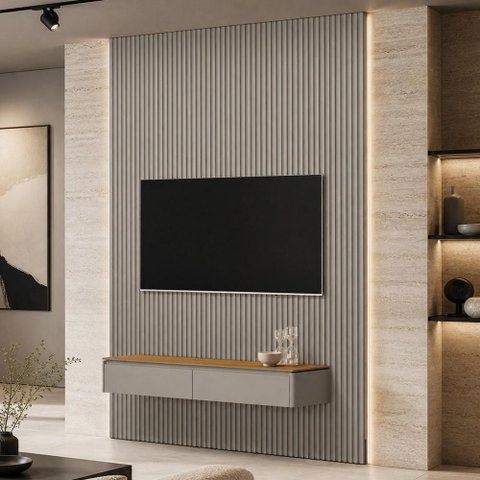 Painel Ripado para TV 75 pol com Bancada Suspensa Orgânica 180cm Slats L05 Tauari Gris Fosco - Lyam
