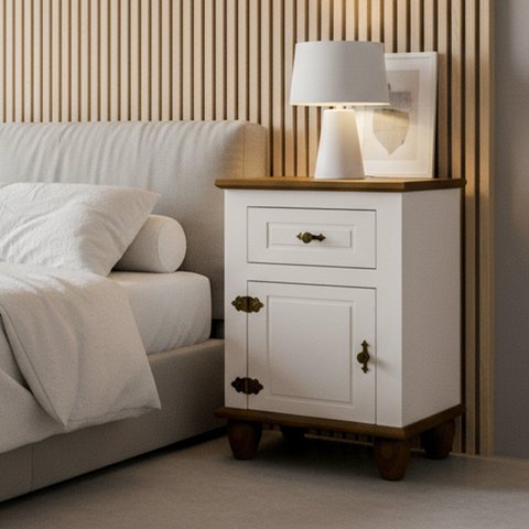 Mesa de Cabeceira 1 Porta e 1 Gaveta Tampo Base e Pés em Madeira Maciça Joy Branco