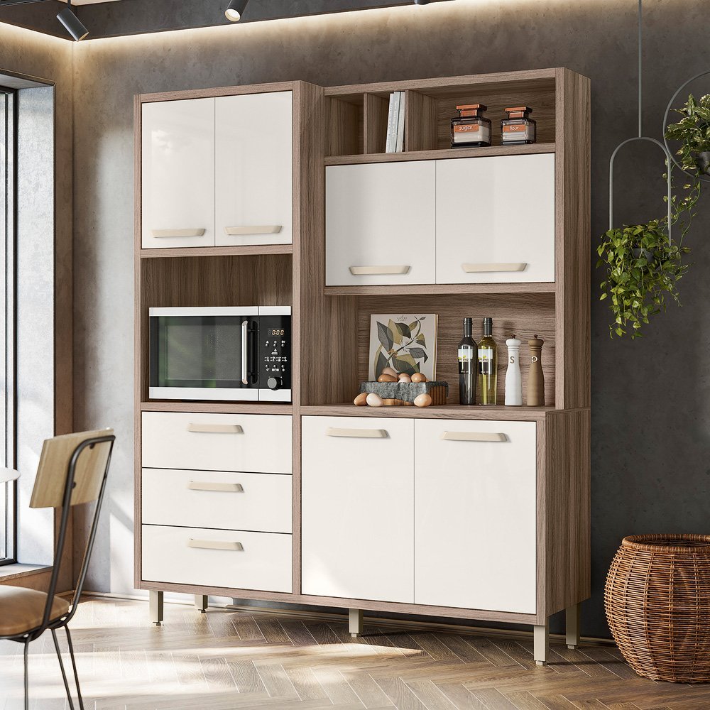 Kit Cozinha Moana 6 Portas Carvalho Nature/Off White Cristal