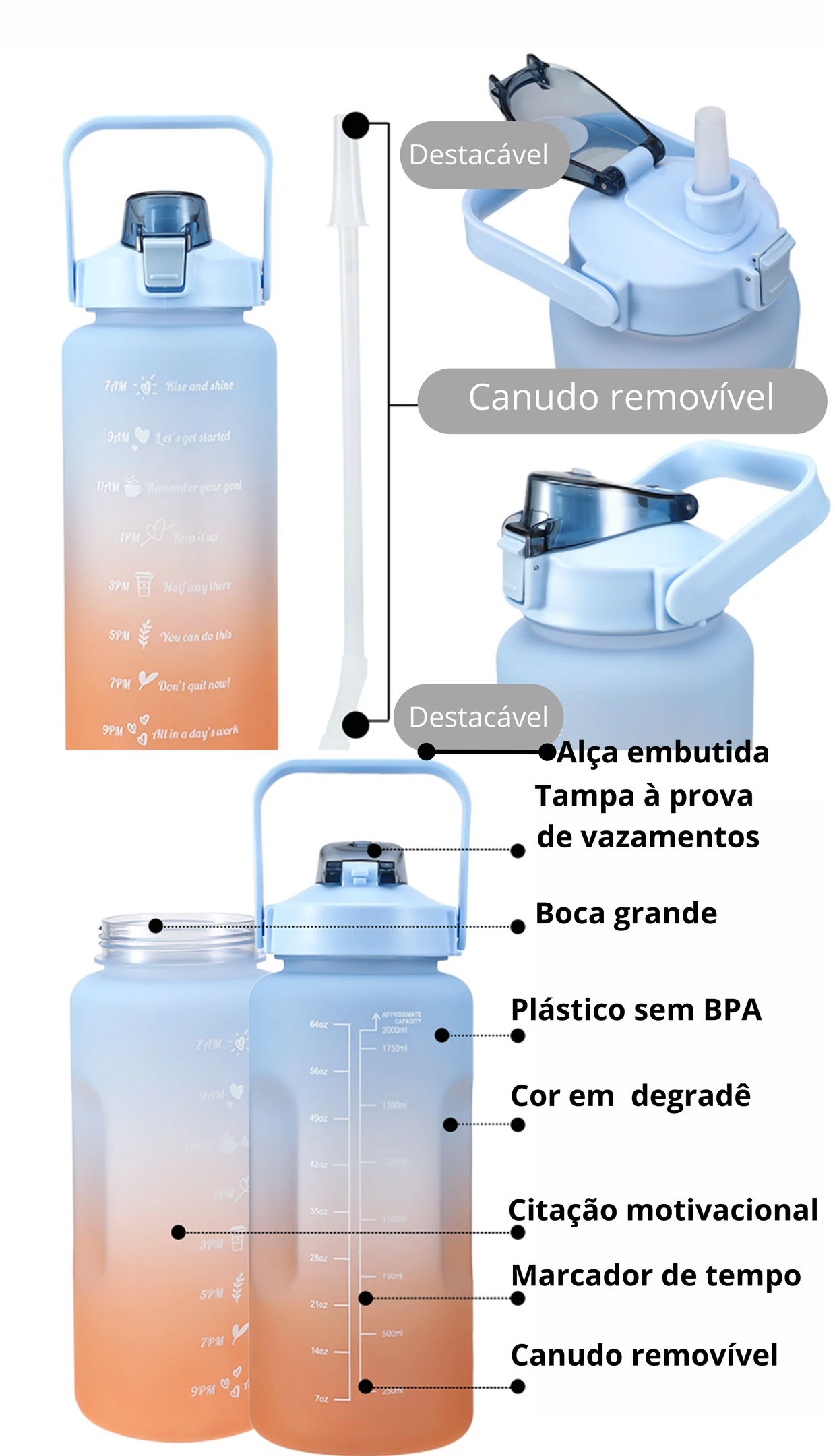 Garrafa Squeze Motivacional Bpa Free Enfeites Adesivo 2000ml:rosa/azul - 8