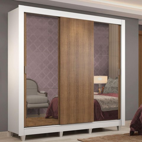Guarda-roupa Casal Madesa Lyon 3 Portas de Correr com Espelhos 2 Gavetas com Pés