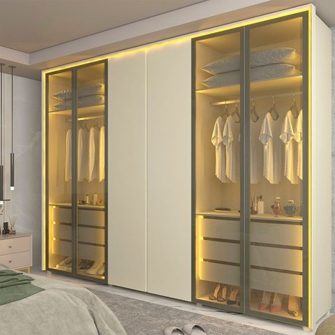 Guarda-Roupa Casal 6 Portas 4 Portas Reflecta com LED com Pés 100% MDF Lumina Off White