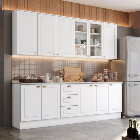 Cozinha Compacta 5 Peças 100% MDF com Balcão Pia com Tampo e Aéreo com Portas de Vidro Temperado Branco HP/Calcare Americana