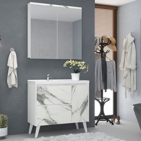 Gabinete de Banheiro 90cm com Lavatório e Armário Ref 910 Branco/Thassos