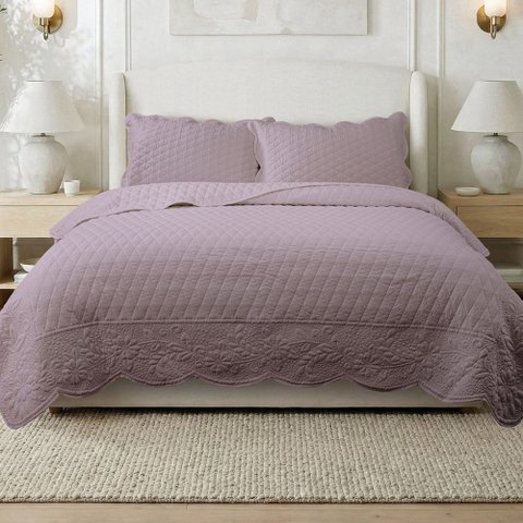Kit Cobre Leito Chanel Casal Micropercal 300 Fios Colcha 3 Peças Dupla Face Matelassê Relevo Lavanda