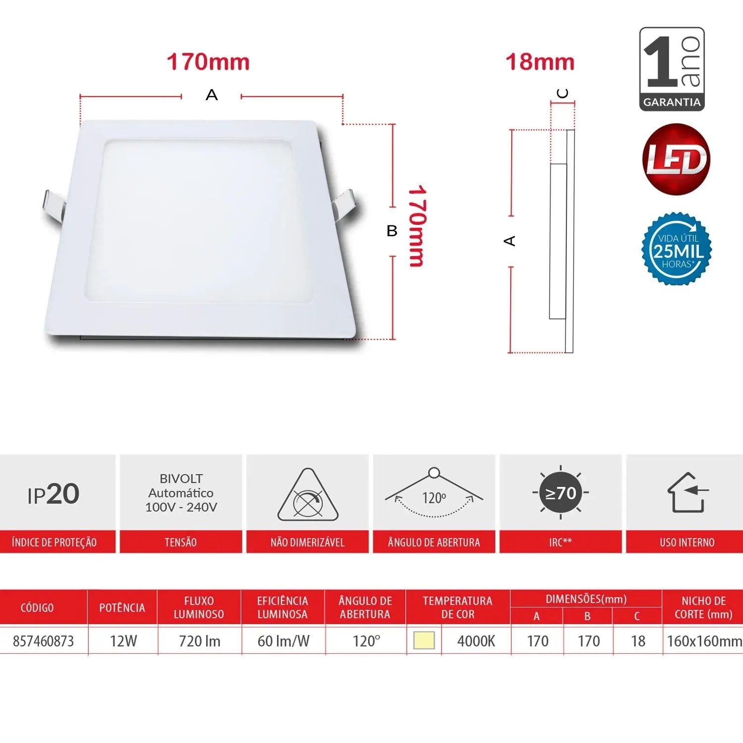 Plafon de Led 12w 4000k Quadrado Embutir Bivolt 17x17cm - 3