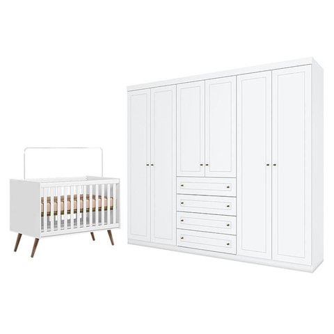 Berço Americano Q Encanto 3820 Retrô Branco Acetinado - Qmovi e Guarda Roupa Casal Americano 6 Porta