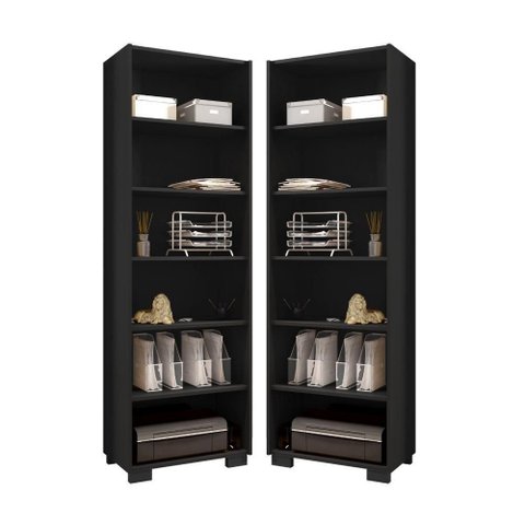 Conjunto de Livreiros Anastasia 6 Prateleiras 6 Nichos Preto Leão Móveis