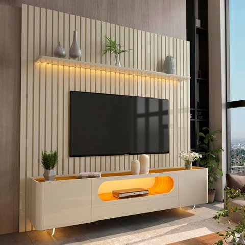 Rack com Painel para TV até 85 Polegadas Sole 2 Portas Ripado 100% MDF com Vidro Off White/Naturale 