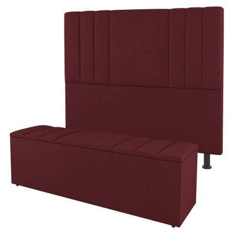 Kit Cabeceira E Baú Cama Box King 195Cm Suede Bordô