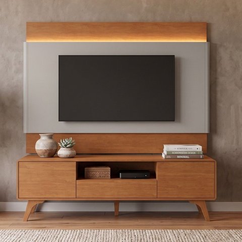 Rack com Painel para TV até 65 Polegadas 185cm x 187cm com LED 100% MDF Pés em Madeira Maciça Ares
